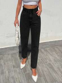 EURMUSE Paperbag Waist Mom Fit Jeans - Black - View 4