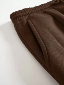 SHEIN EZwear 素色腰部抽繩衛褲 - 棕色 - 查看 5
