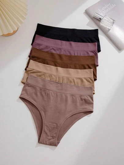 Women's Multicolor Plain Fabric Casual Stretch Briefs 5 Pack