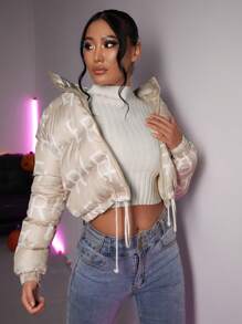 SHEIN SXY Letter Graphic Drawstring Hem Zipper Padded Coat In Fall/Winter - Khaki - View 5