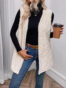 SHEIN LUNE Chất rắn Mở Mặt trước Teddy Áo vest - Màu be - Xem 3