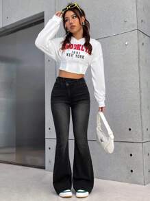 SHEIN EZwear Women's Solid Color Flared Jeans