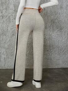 EURMUSE Contrast Side Seam Knit Pants - Beige - View 2