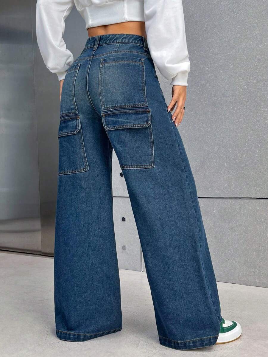 SHEIN EZwear Của phụ nữ Cargo Phong cách Cao eo quần ống rộng Denim Quần jean Với Túi - Rửa tối - Xem 1