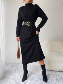 EURMUSE Mock Neck Drop Shoulder Sweater Dress Without Belt - Black - View 3