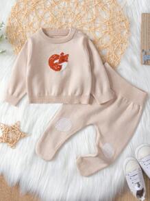 SHEIN New Born Baby Boy Cartoon Pattern Sweater & Knit Pants - Apricot - View 1