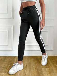 EURMUSE Contrast Tape Side Drawstring Waist PU Leather Pants - Black - View 3