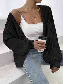 SHEIN LUNE Ribbed Knit Drop Shoulder Duster Cardigan,Long Sleeve Tops Fall Winter Cloth For Women - Black - View 7