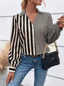 Chiquease 條紋印花前紐扣襯衫 - 杏色 - 查看 2