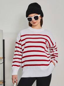 RueChic Tween Girl Striped & Heart Pattern Drop Shoulder Sweater - Multicolor - View 3
