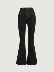 SHEIN Girlism Teen Girl Top-stitching Flare Leg Jeans - Black - View 1