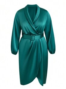 SHEIN Clasi Plus Shawl Collar Wrap Hem Belted Satin Dress - Dark Green - View 1