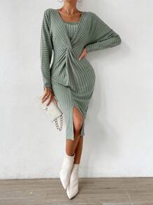 Chiquease Kleid mit Twist vorne, Schlitz, Twist vorne, Drop Shoulder Schlitz - Grün - Übersicht 3