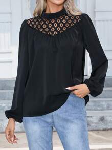 SHEIN Clasi Contrast Lace Mock Neck Lantern Sleeve Blouse - Black - View 4