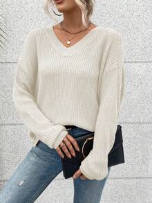 SHEIN Essnce 鏤空交叉圍裹後蝙蝠袖套頭毛衣 - 杏色 - 查看 3