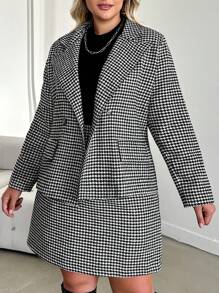 SHEIN Cottnline Plus Houndstooth Print Double Button Blazer & Skirt - Black and White - View 3