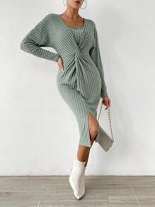 Chiquease Kleid mit Twist vorne, Schlitz, Twist vorne, Drop Shoulder Schlitz - Grün - Übersicht 1