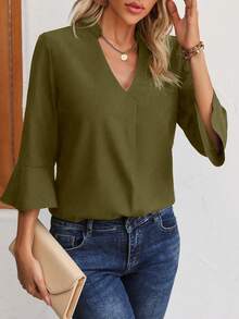 SHEIN LUNE Solid Flounce Sleeve Notched Neck Blouse - Army Green - View 5