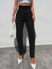 EURMUSE Paperbag Waist Mom Fit Jeans - Black - View 1