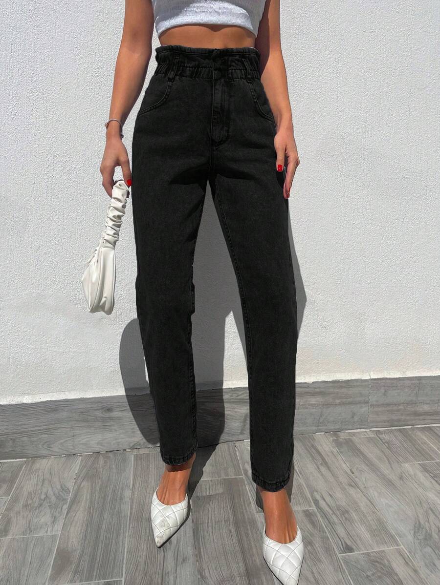 EURMUSE Paperbag Waist Mom Fit Jeans - Black - View 1