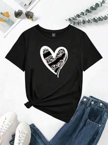 SHEIN LUNE Heart & Leopard Print Tee - Black - View 1