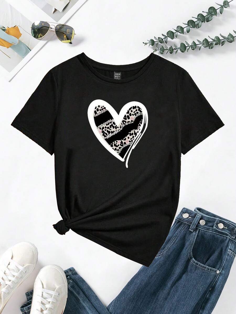 SHEIN LUNE Heart & Leopard Print Tee - Black - View 1