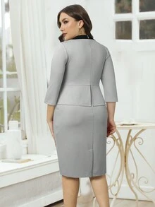 HOMEYEE 大碼雙色下擺開叉洋裝 - 灰色 - 查看 2