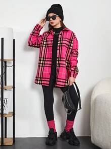 RueChic Teen Girl Plaid Print Drop Shoulder Coat - Hot Pink - View 1