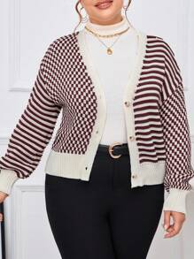 SHEIN Essnce Talla grande Cárdigan con patrón de rayas de hombros caídos - Multicolor - Ver 1