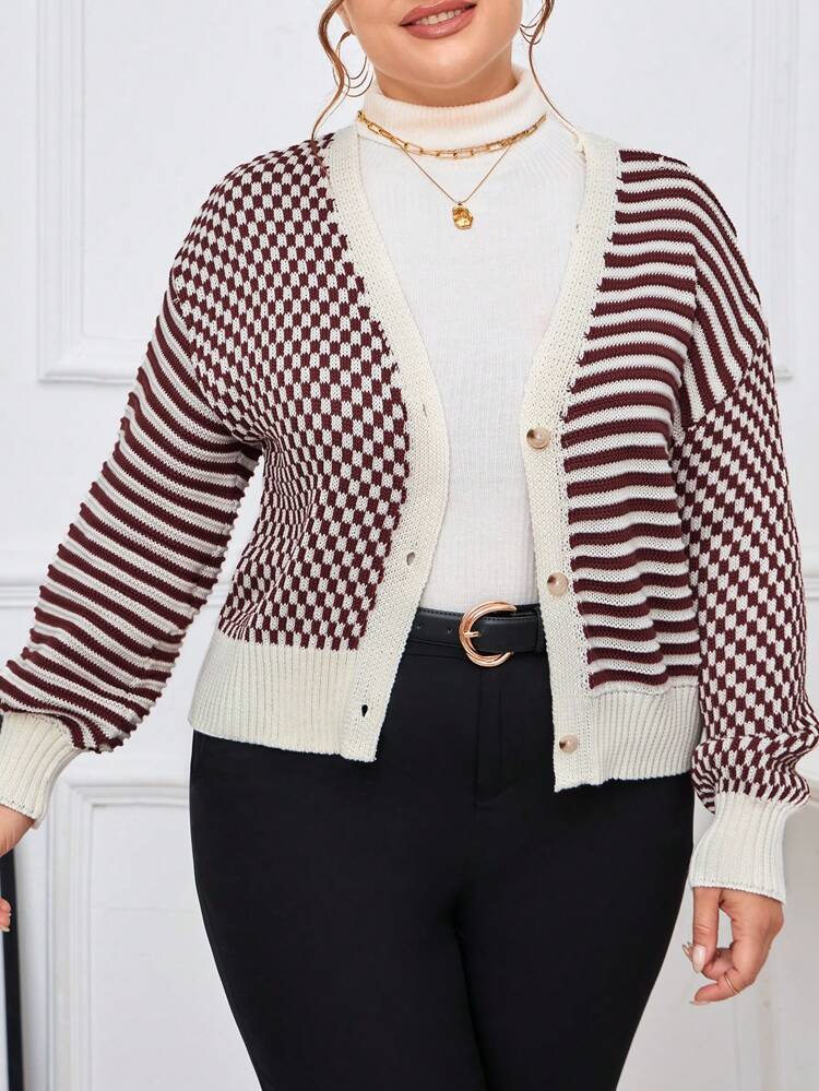Plus Striped Pattern Drop Shoulder Cardigan