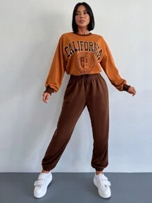 EURMUSE Letter Graphic Drop Shoulder Pullover & Sweatpants - Multicolor - View 5