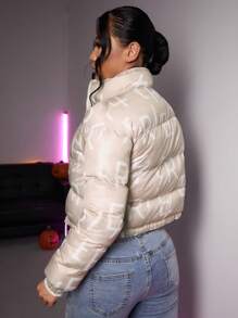 SHEIN SXY Letter Graphic Drawstring Hem Zipper Padded Coat In Fall/Winter - Khaki - View 2