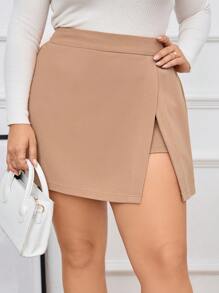SHEIN Essnce Plus Zipper Side Split Hem Skort - Camel - View 1