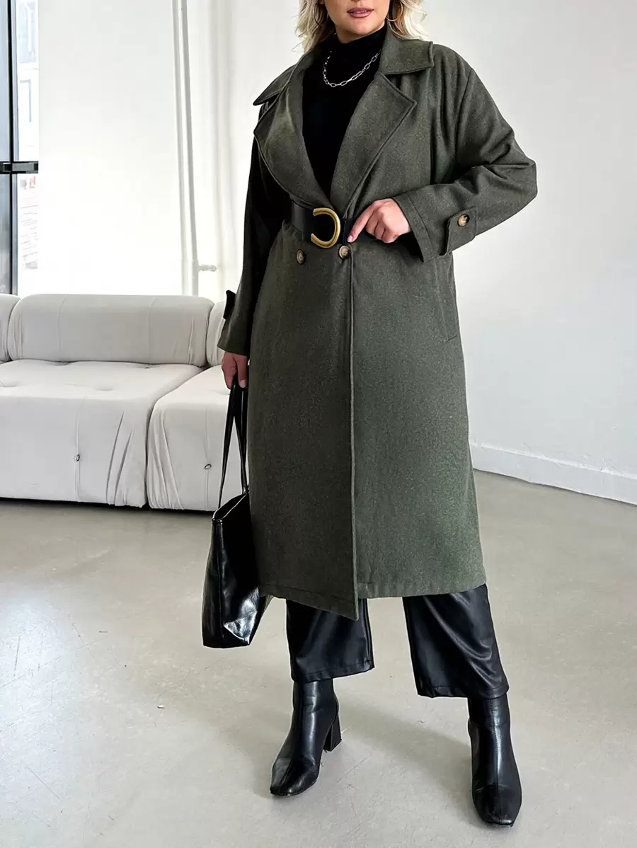 RueChic Plus Lapel Neck Double Button Overcoat Without Belt - Dark Green - View 1