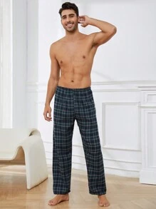 男士格紋印花休閒褲 - 墨綠色 - 查看 3