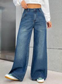 SHEIN EZwear Của phụ nữ Cargo Phong cách Cao eo quần ống rộng Denim Quần jean Với Túi - Rửa tối - Xem 2