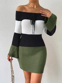 SHEIN Privé 撞色一字肩前打結喇叭袖緊身毛衣洋裝 - 綠色 - 查看 6
