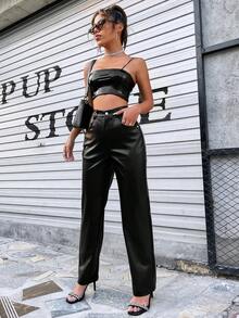 Apperloth A High Waist Pocket PU Leather Trousers - Black - View 5