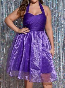 SHEIN BAE Plus Halter Neck Backless Organza Flare Hem Dress - Purple - View 3