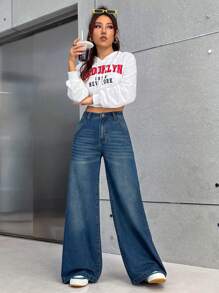 SHEIN EZwear Của phụ nữ Cargo Phong cách Cao eo quần ống rộng Denim Quần jean Với Túi - Rửa tối - Xem 5