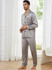 Men Contrast Piping Satin PJ Set / Pajama Set - Light Grey - View 5