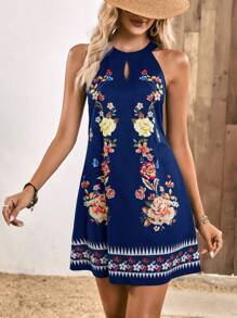 SHEIN VCAY Floral Print Keyhole Neckline Halter Dress - Navy Blue - View 3