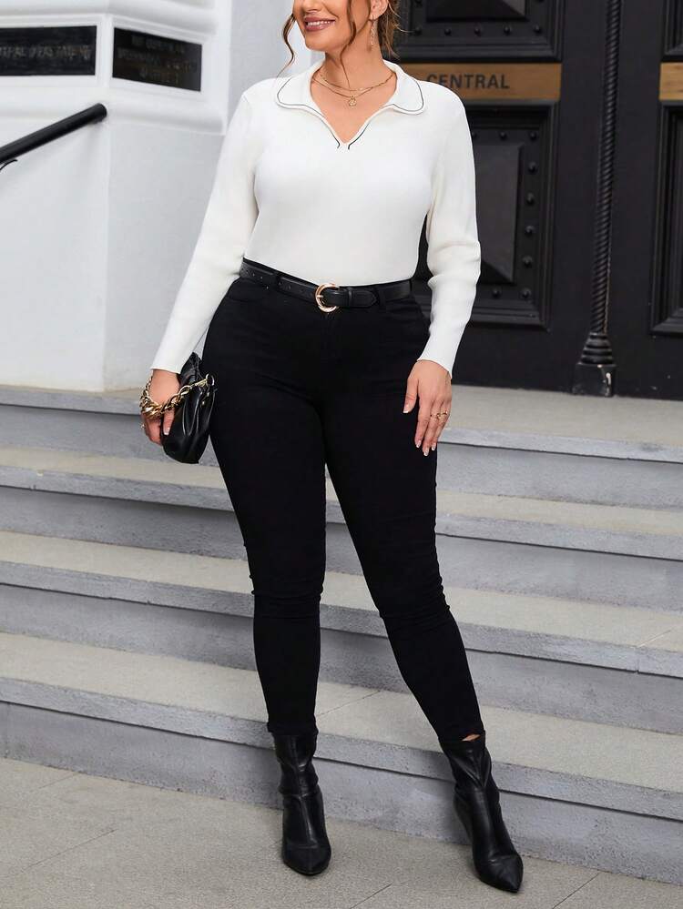 Plus Contrast Trim Ribbed Knit Sweater