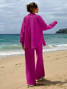 SHEIN Women's Solid Color Casual 3pcs/Set - Hot Pink - View 3