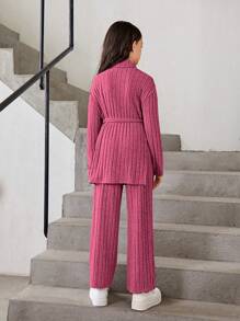 SHEIN Tween Girl Turtleneck Drop Shoulder Belted Tee & Pants - Hot Pink - View 2
