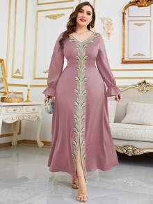 Plus Size Arabian Dress V Neck Long Sleeve Appliques Ruffle Split Long Regular Hem Fabric Non-Stretch Plus Size Arabian Maxi Dress - Dusty Pink - View 5