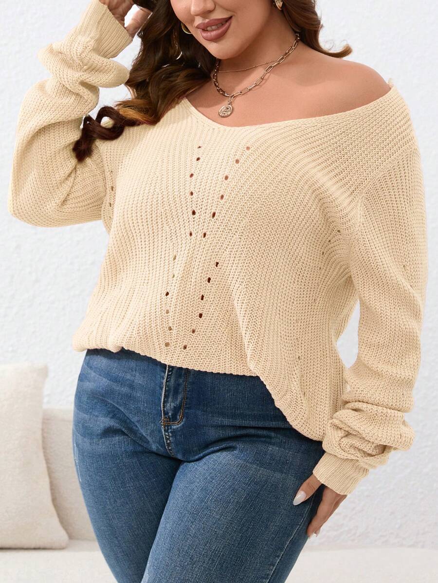 SHEIN Essnce Hơn Lưới Đồ đan Ribbed Áo len - Màu be - Xem 1