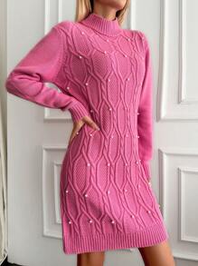 EURMUSE Mock Neck Pearls Beaded Cable Knit Sweater Dress - Pink - View 2