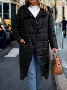 SHEIN LUNE 加扣前部不对称下摆加厚棉服外套衣服冬季 - 黑色 - 查看 3
