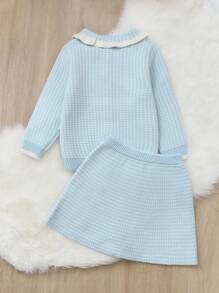 SHEIN Young Girl Contrast Trim Peter Pan Collar Cardigan & Knit Skirt - Blue and White - View 2